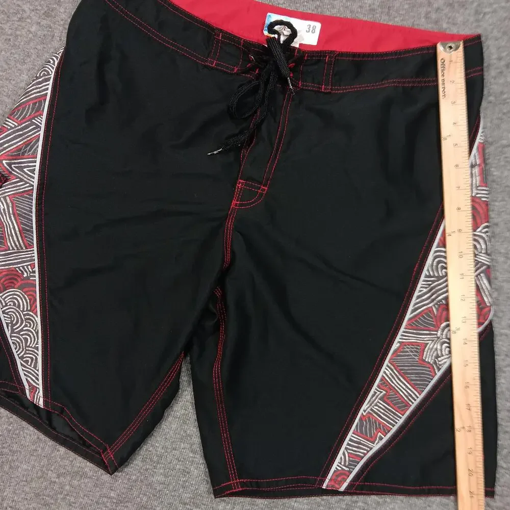 OP Swim Trunks Shorts Mens 38 Black Red Board Shorts Tribal Print Surf Beachwear